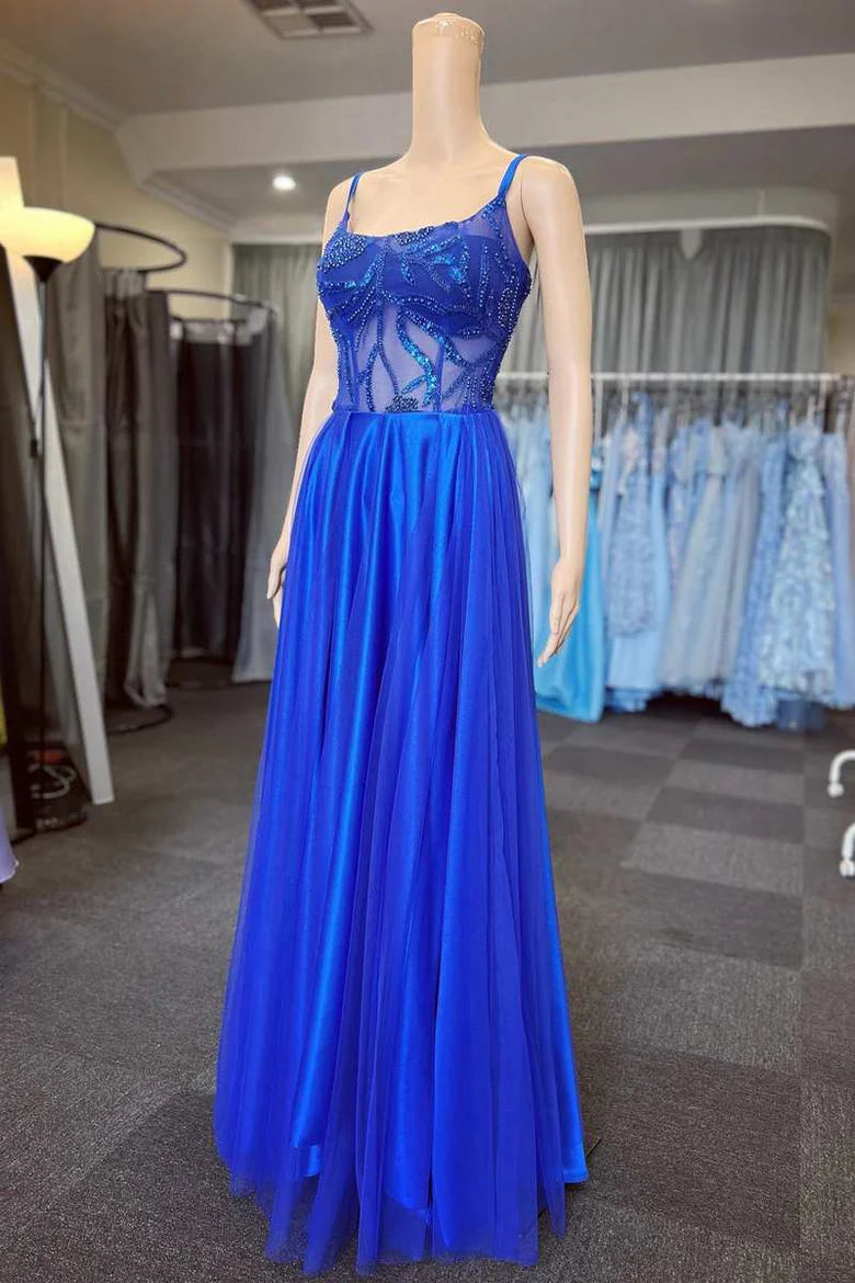 Vestido de fiesta de corte A con escote redondo y apliques